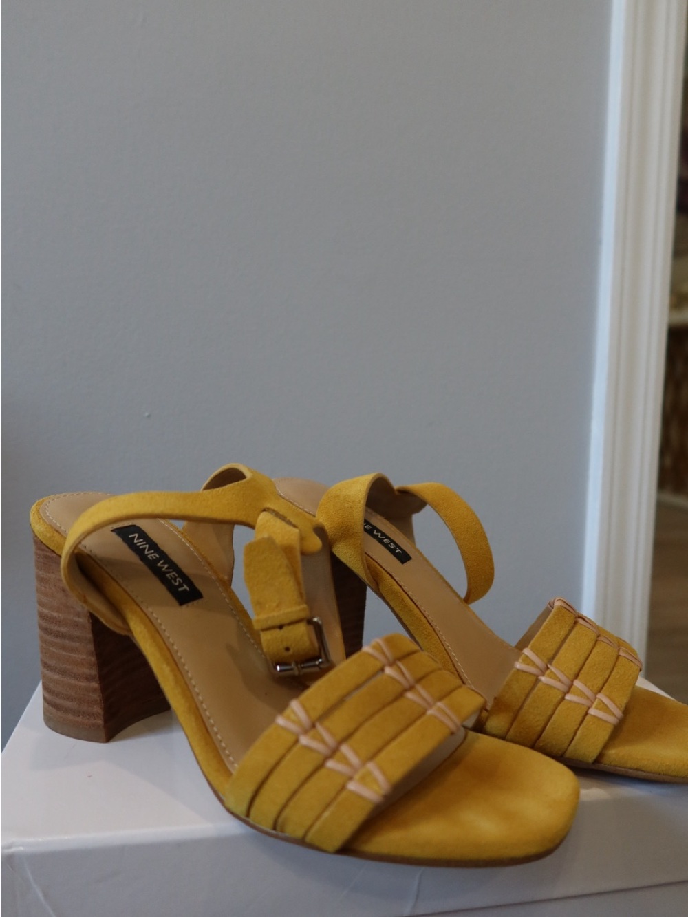 Nine West Mustard Suede Block Heel Sandals